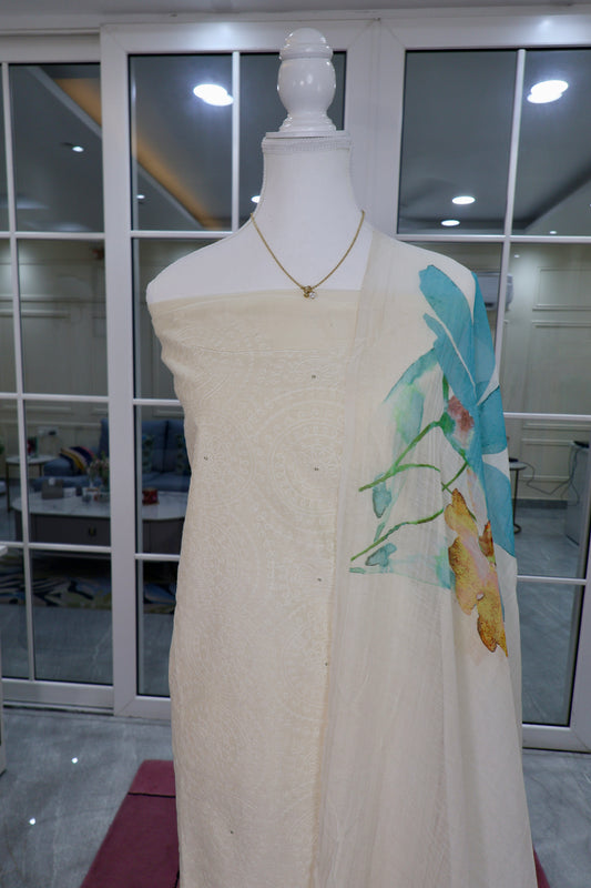 IVORY COTTON UNSTITCHED SUIT SET