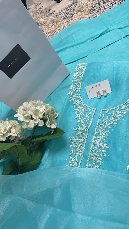 BLUE ORGANZA 3PC UNSTITCHED SUIT SET