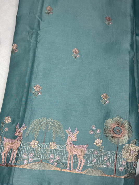 TURQUOISE BLUE CHANDERI SILK 3PC UNSTITCHED SUIT SET