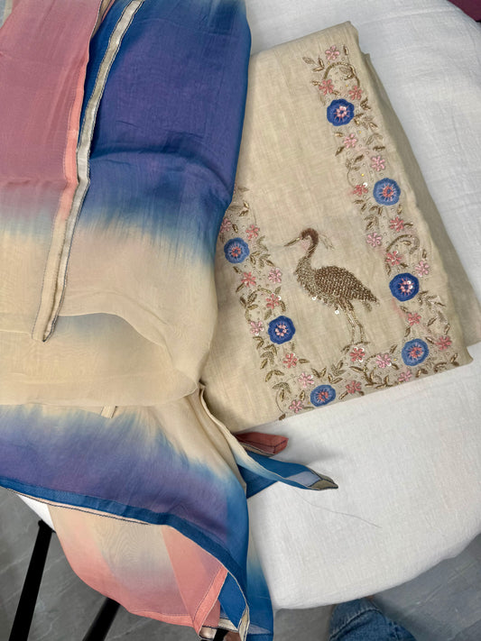 BEIGE ZARI COTTON 3PC UNSTITCHED SUIT SET
