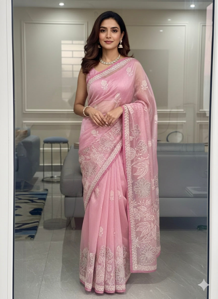 Pink organza saree