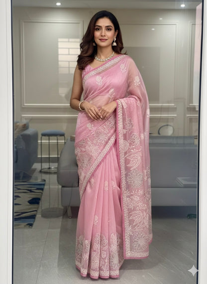 Pink organza saree