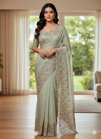 Pastel green organza saree