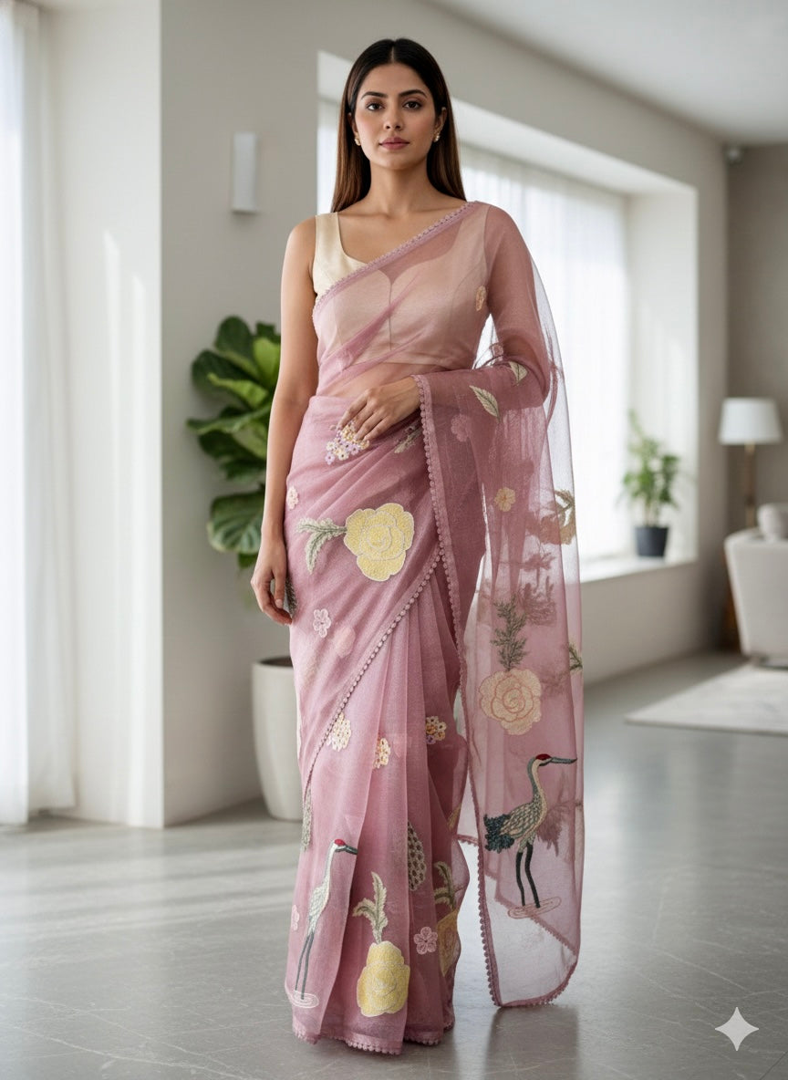 Pink organza tissue saree
