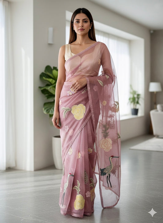 Pink organza tissue saree
