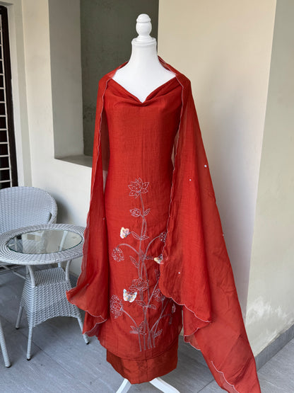 RUST RED MUL COTTON CHANDERI UNSTITCHED SUIT
