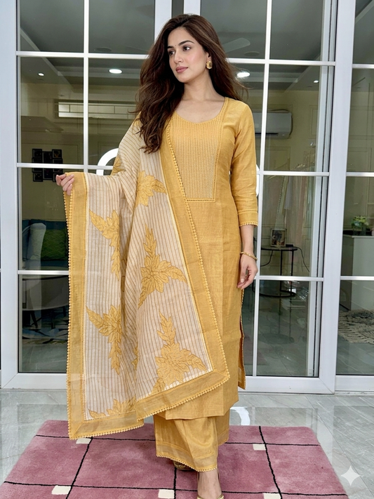 LIGHT MUSTARD COTTON UNSTITCHED SUIT SET