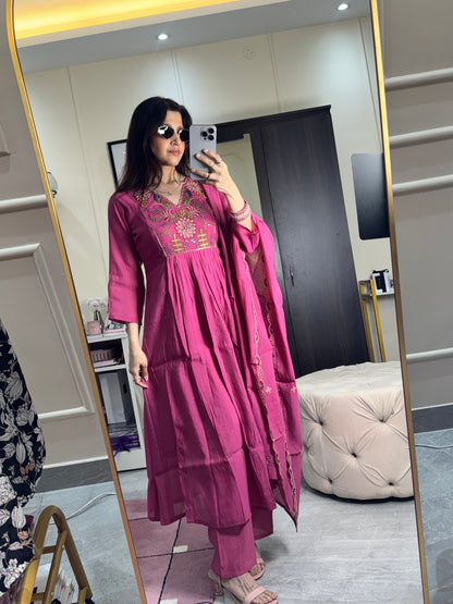ROSY BLOOM MUL CHANDERI STITCHED SUIT SET