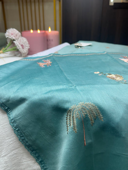 TURQUOISE BLUE CHANDERI SILK 3PC UNSTITCHED SUIT SET