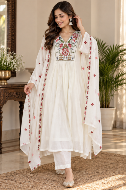 ROSY BLOOM MUL CHANDERI STITCHED SUIT SET