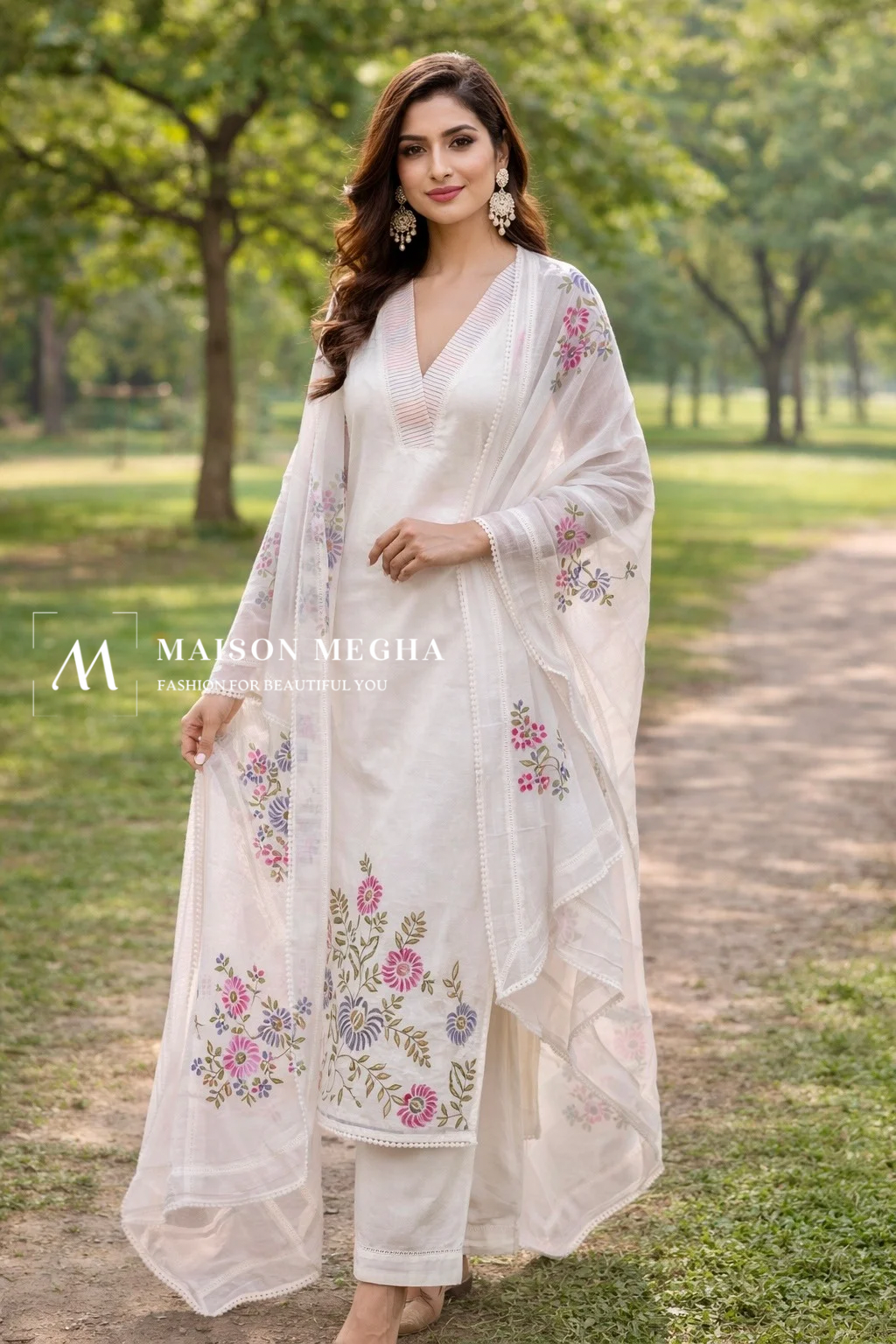 IVORY FLORAL MUL CHANDERI 3PC UNSTITCHED SUIT SET