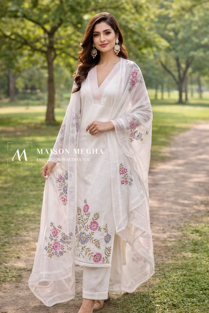 IVORY FLORAL MUL CHANDERI 3PC UNSTITCHED SUIT SET