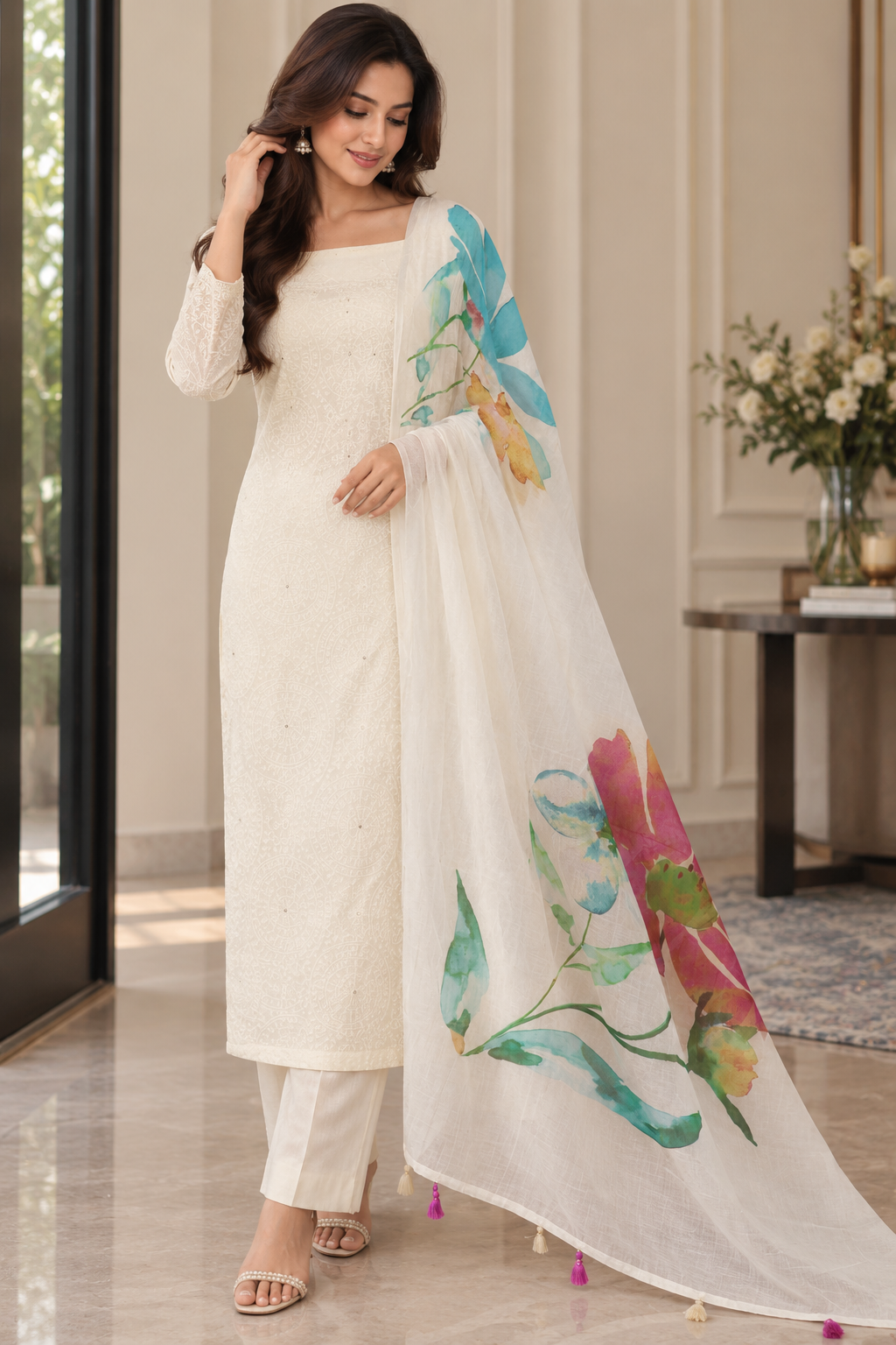 IVORY COTTON UNSTITCHED SUIT SET