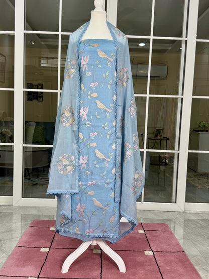 POWDER BLUE COTTON  UNSTITCHED SUIT SET
