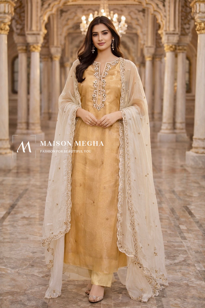 GOLDEN YELLOW ORGANZA 3PC UNSTITCHED SUIT SET
