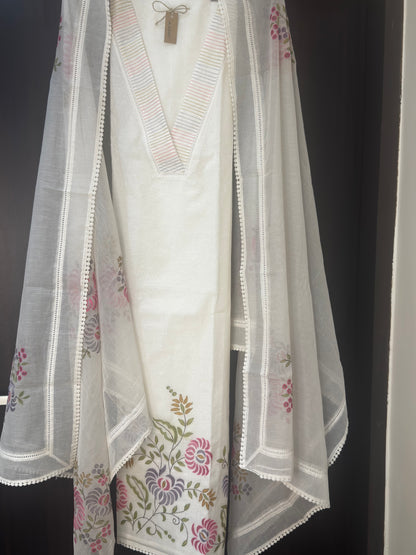 IVORY FLORAL MUL CHANDERI 3PC UNSTITCHED SUIT SET