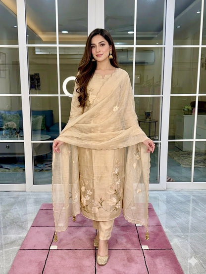 BEIGE COTTON FANCY MUL UNSTITCHED SUIT SET