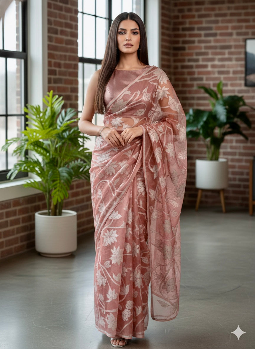Rust pink organza saree