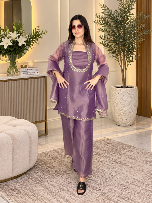 ROYAL PLUM ORGANZA TISSUE STITCHED SUIT SET