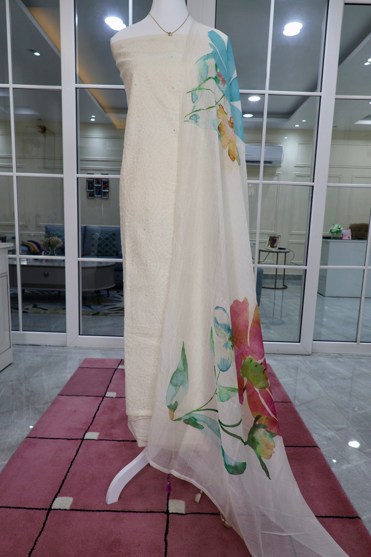 IVORY COTTON UNSTITCHED SUIT SET