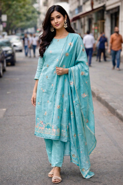 TURQUOISE BLUE CHANDERI SILK 3PC UNSTITCHED SUIT SET