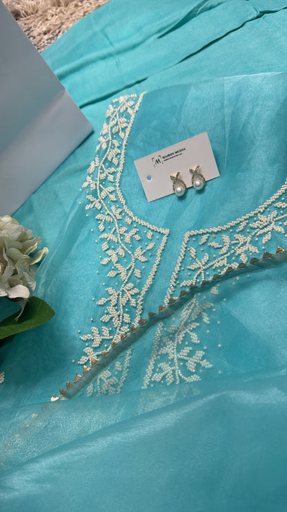 BLUE ORGANZA 3PC UNSTITCHED SUIT SET