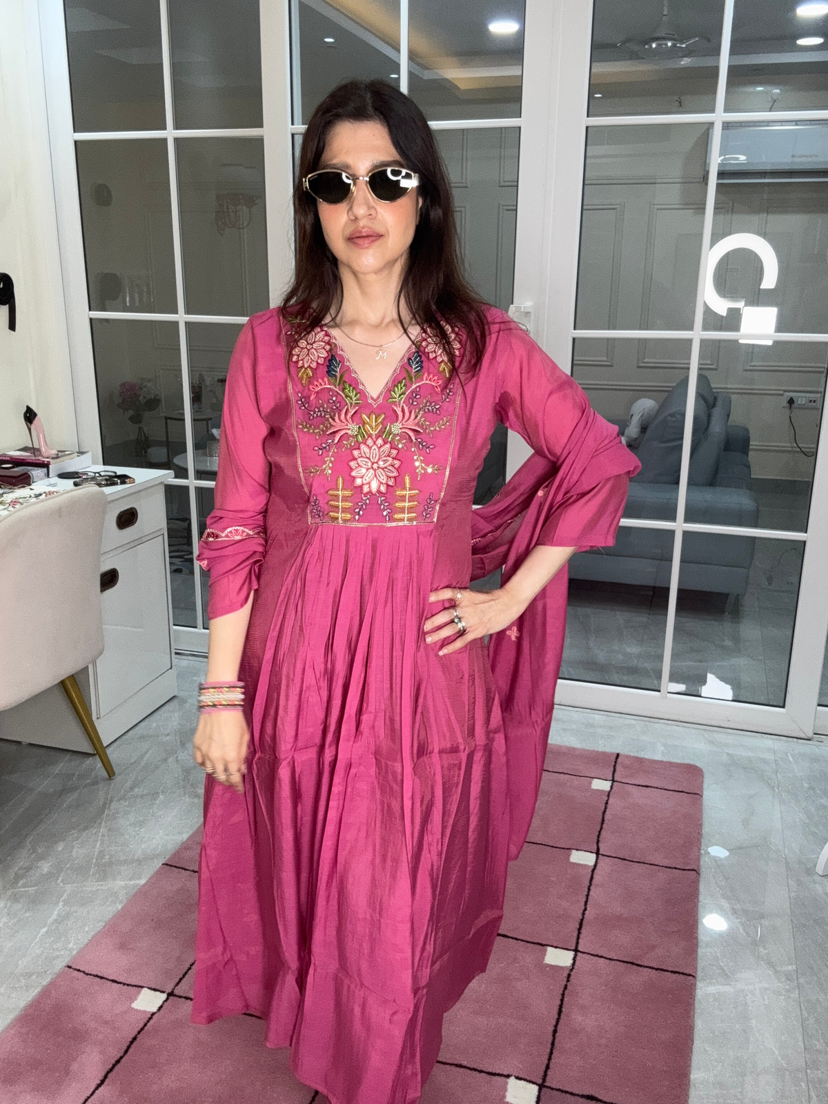ROSY BLOOM MUL CHANDERI STITCHED SUIT SET