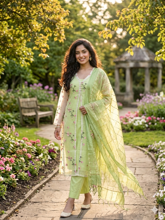 GREEN CREPE STITCHED SUIT WITH ORGANZA JACKET