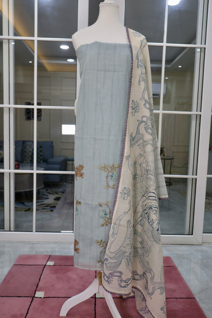 POWDER BLUE & IVORY COTTON UNSTITCHED SUIT SET