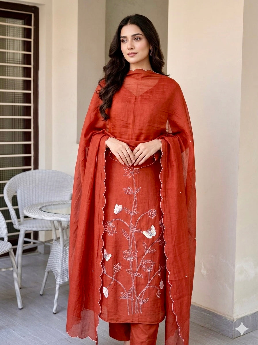 RUST RED MUL COTTON CHANDERI UNSTITCHED SUIT