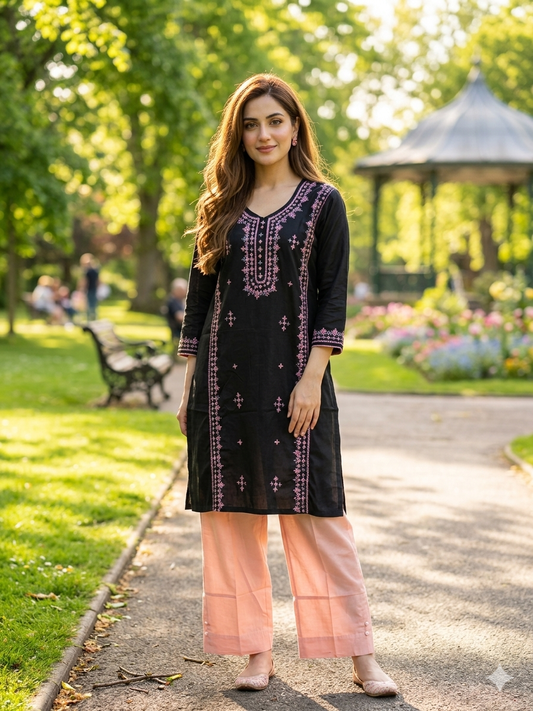 BLACK COTTON STITCHED EMBROIDERED SUIT