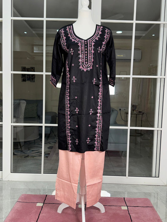 BLACK COTTON STITCHED EMBROIDERED SUIT