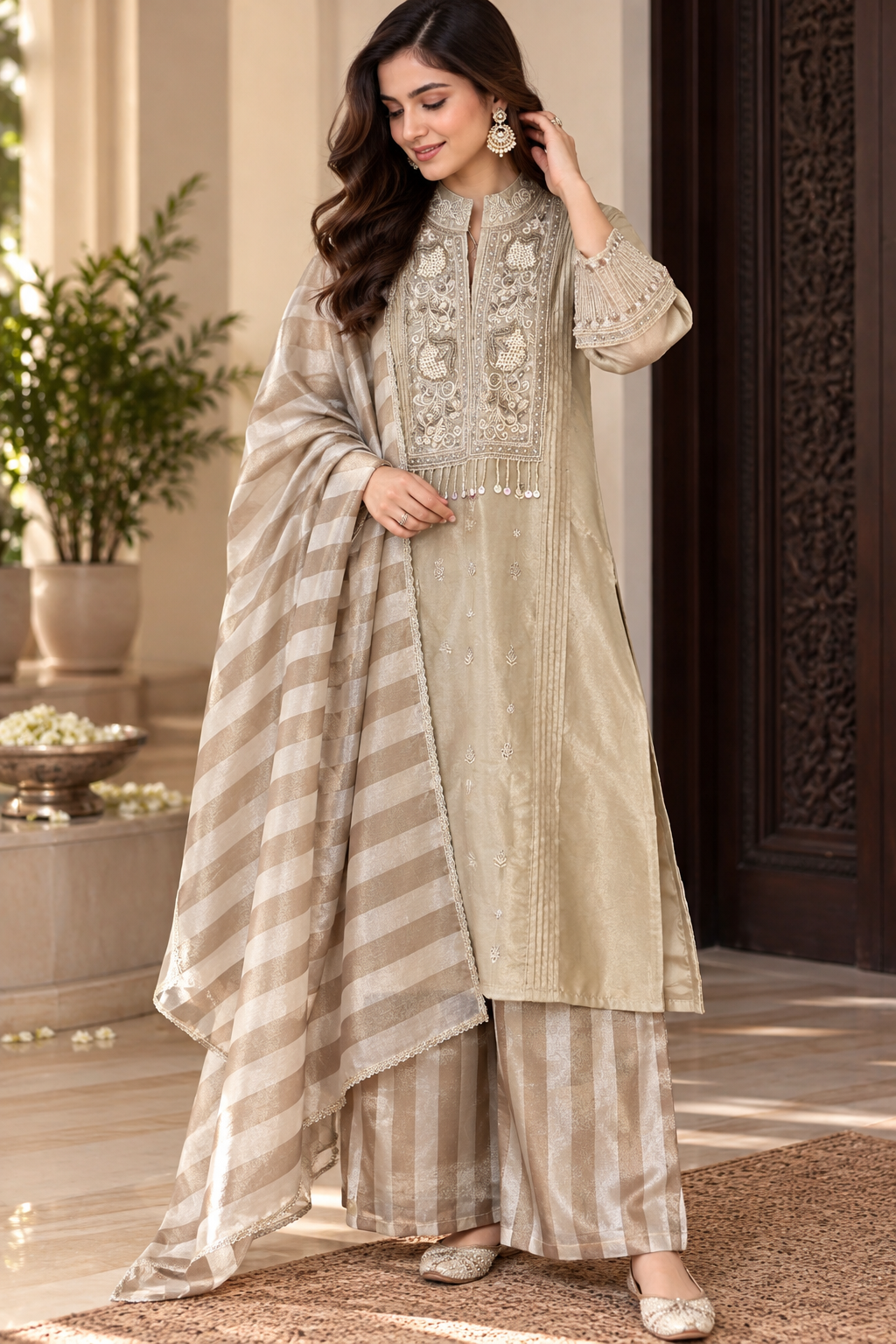 CHAMPAGNE LUXE ORGANZA STITCHED SUIT SET