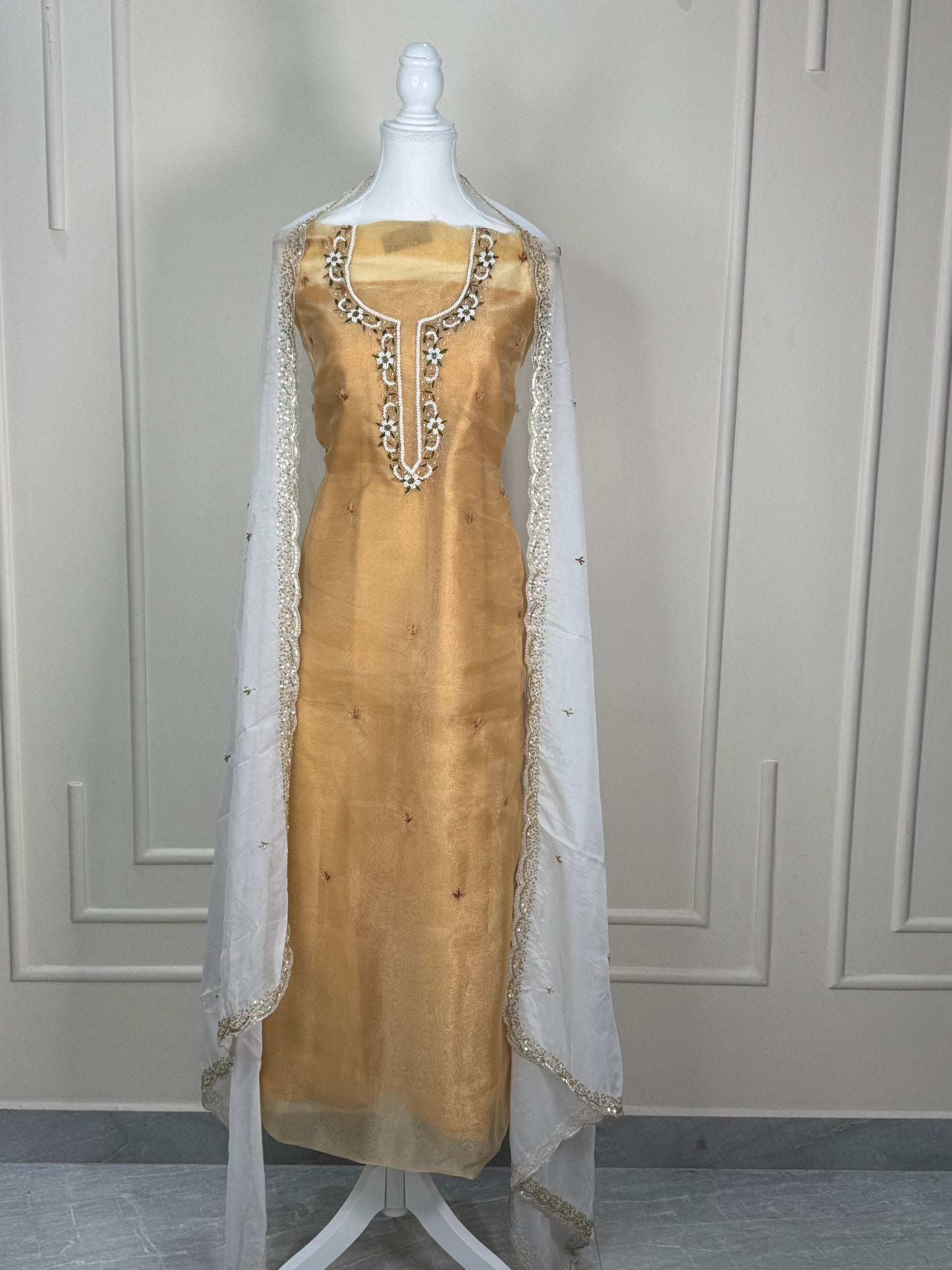 GOLDEN YELLOW ORGANZA 3PC UNSTITCHED SUIT SET