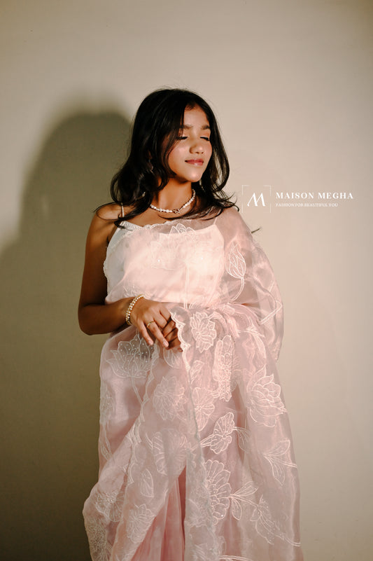 Blush pink organza tissue saree