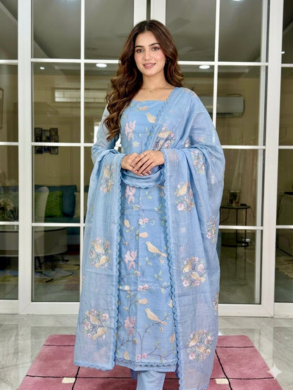 POWDER BLUE COTTON  UNSTITCHED SUIT SET