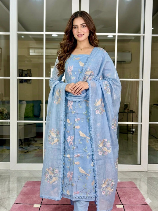 POWDER BLUE COTTON  UNSTITCHED SUIT SET