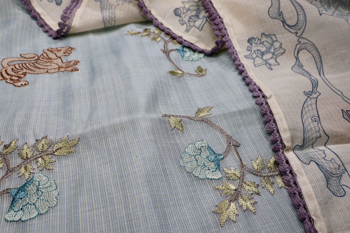POWDER BLUE & IVORY COTTON UNSTITCHED SUIT SET