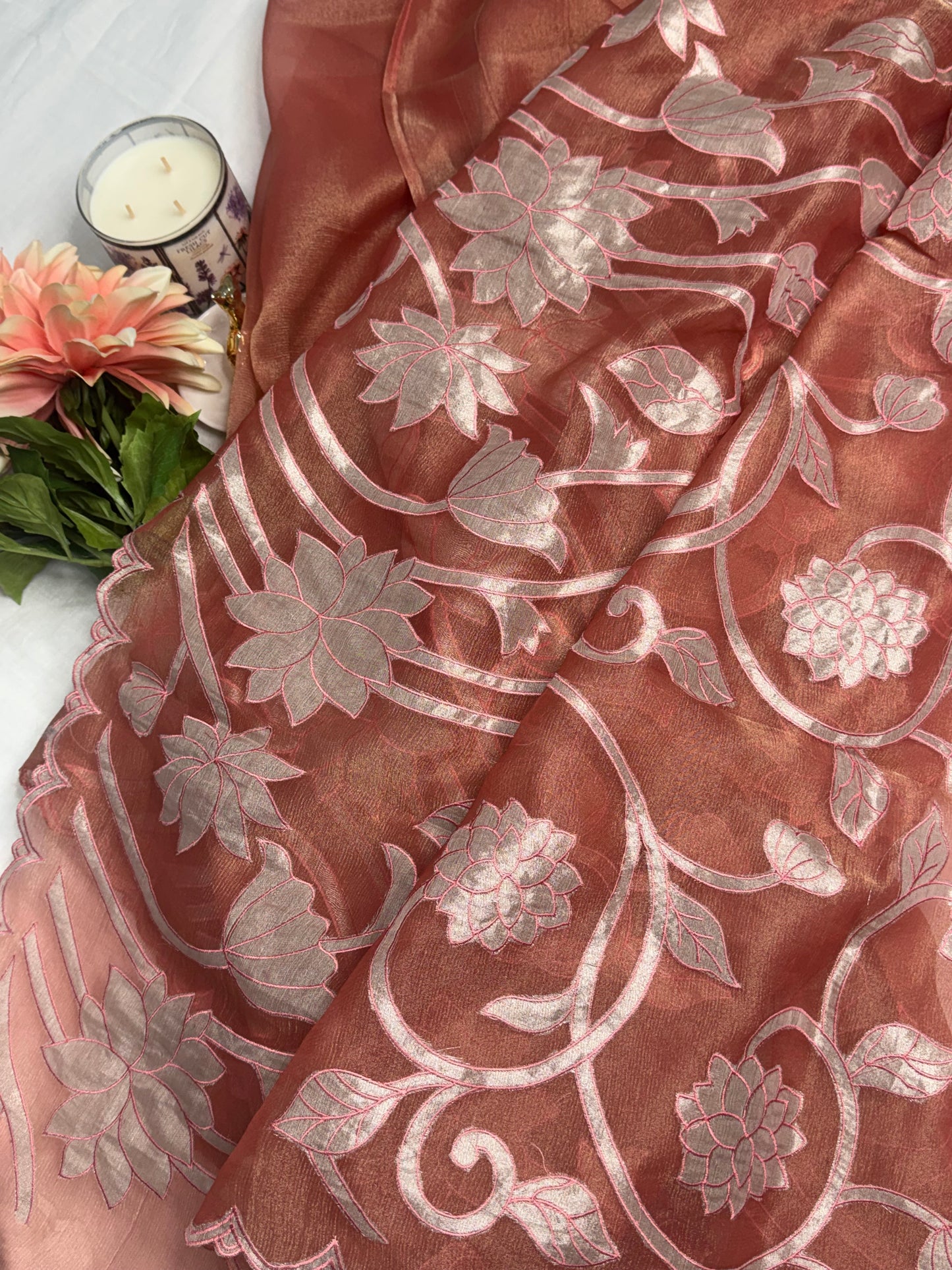 Rust pink organza saree