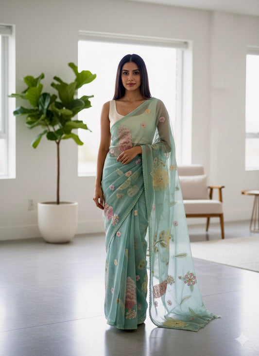 Green organza tissue saree
