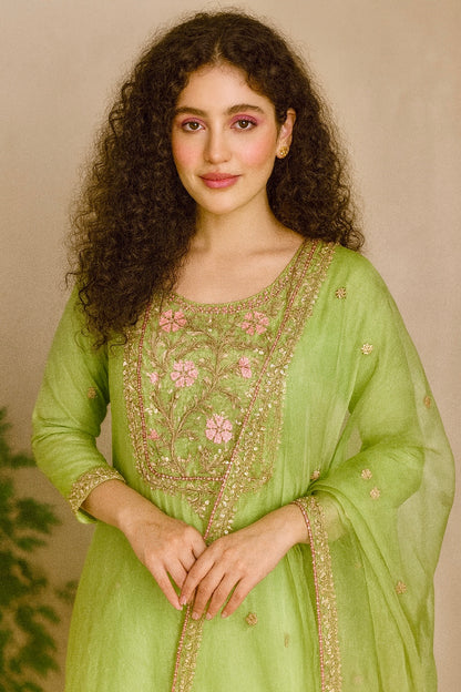 LIME GREEN ORGANZA 3PC UNSTITCHED SUIT SET