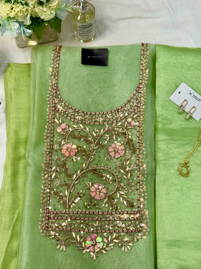 LIME GREEN ORGANZA 3PC UNSTITCHED SUIT SET