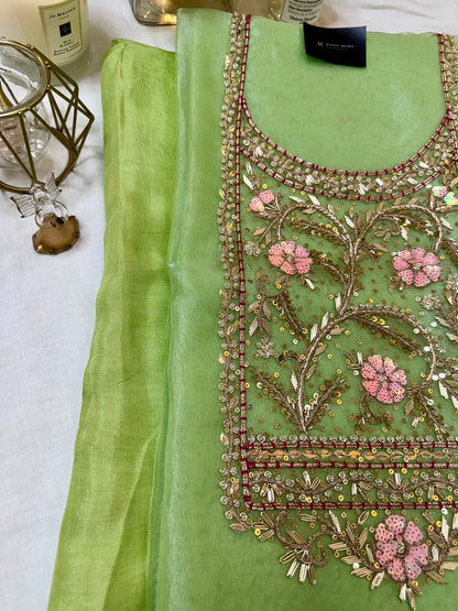 LIME GREEN ORGANZA 3PC UNSTITCHED SUIT SET
