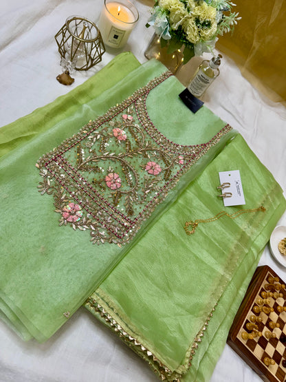 LIME GREEN ORGANZA 3PC UNSTITCHED SUIT SET