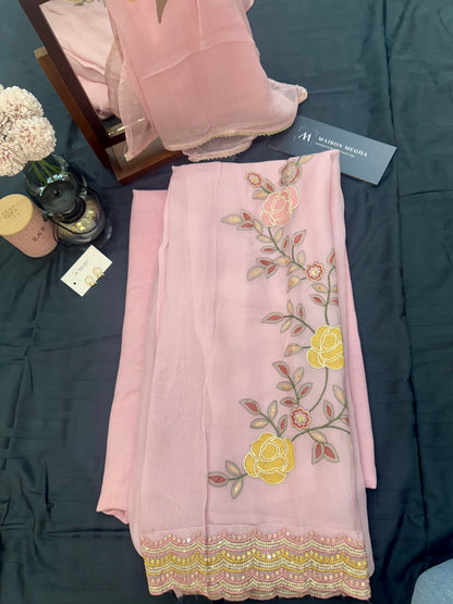 LIGHT PINK CHIFFON 3PC UNSTITCHED SUIT SET