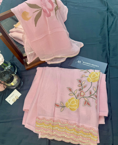 LIGHT PINK CHIFFON 3PC UNSTITCHED SUIT SET