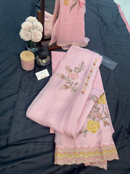 LIGHT PINK CHIFFON 3PC UNSTITCHED SUIT SET