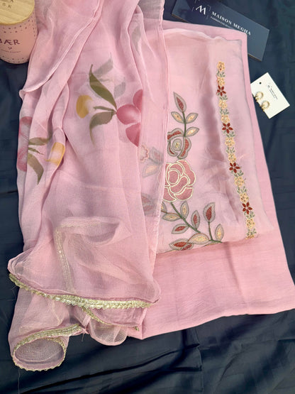 LIGHT PINK CHIFFON 3PC UNSTITCHED SUIT SET