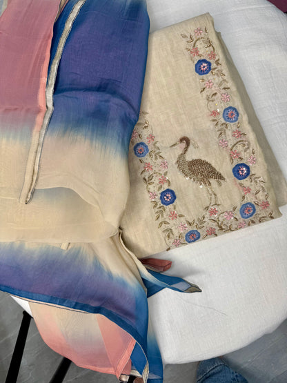 BEIGE ZARI COTTON 3PC UNSTITCHED SUIT SET
