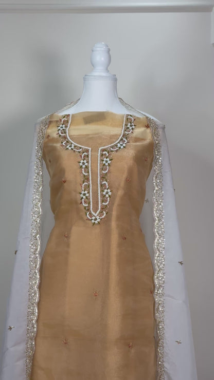 GOLDEN YELLOW ORGANZA 3PC UNSTITCHED SUIT SET